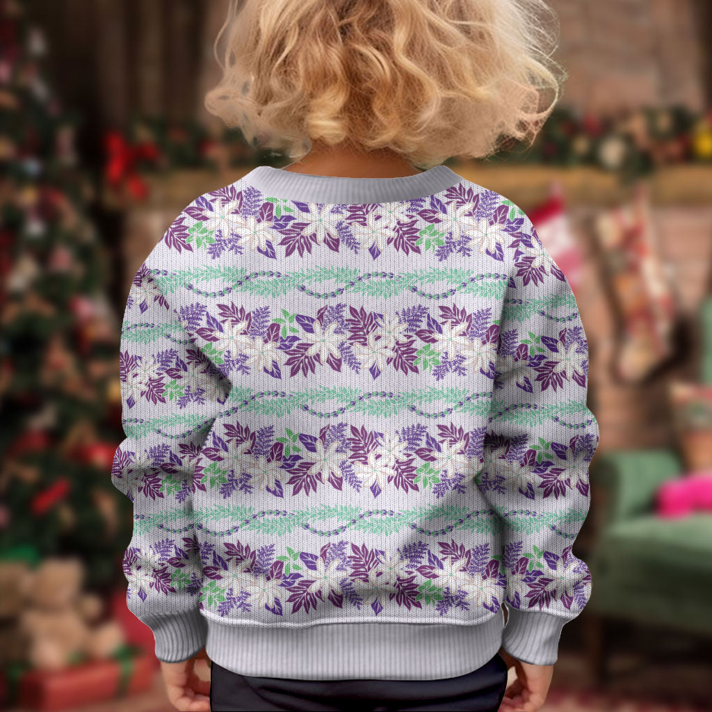 Monstera Tiare Plumeria Lei Pattern Kid Ugly Christmas Sweater Purple Version LT01 - Polynesian Pride