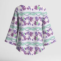 Monstera Tiare Plumeria Lei Pattern Kimono Sleeve Blouse Purple Version