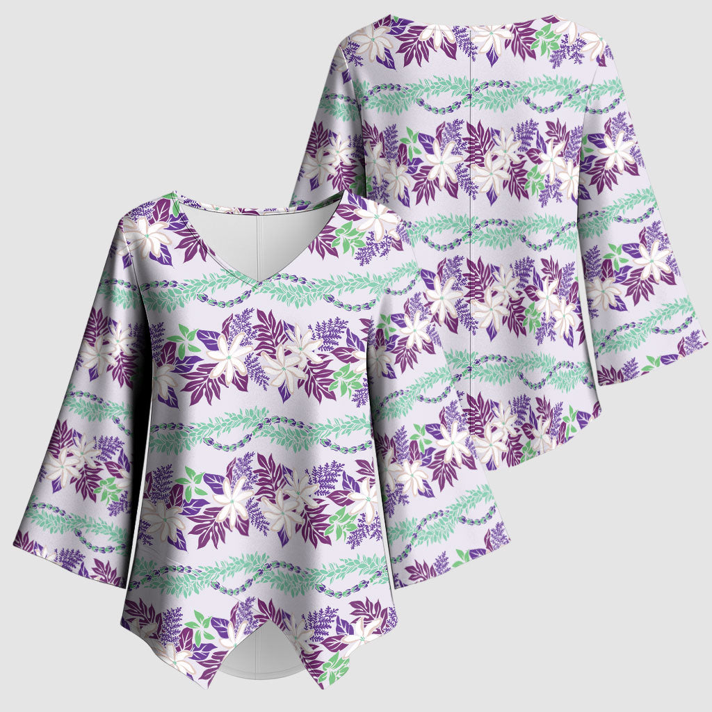 Monstera Tiare Plumeria Lei Pattern Kimono Sleeve Blouse Purple Version