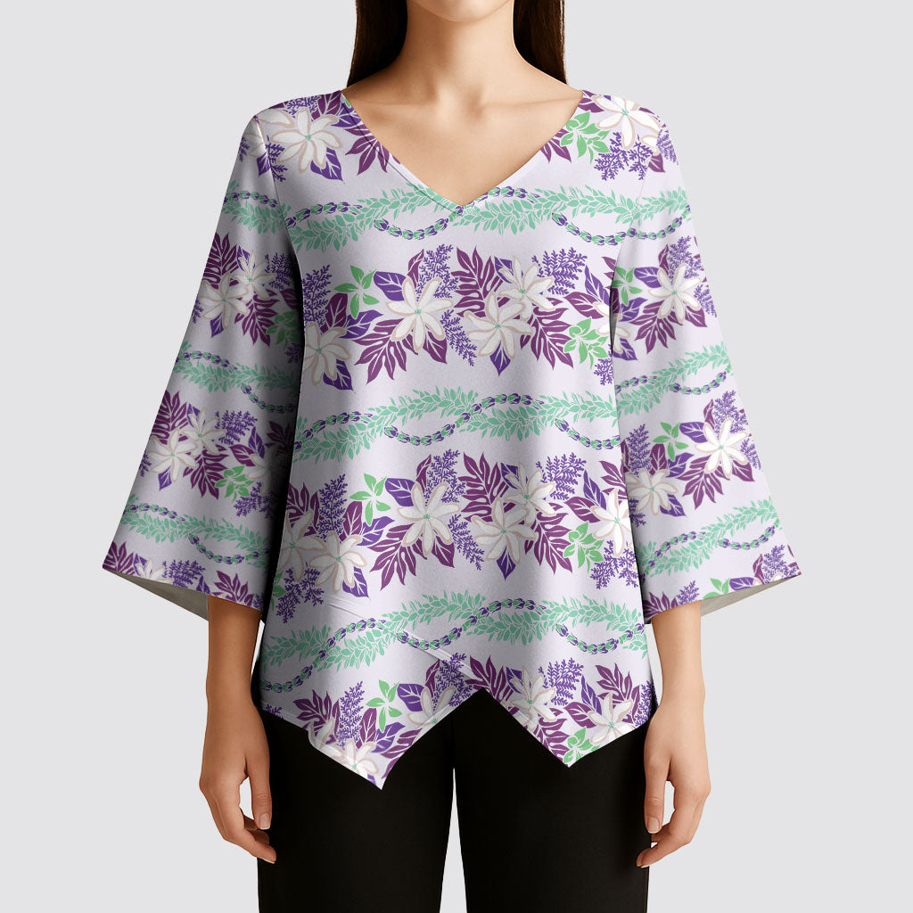 Monstera Tiare Plumeria Lei Pattern Kimono Sleeve Blouse Purple Version