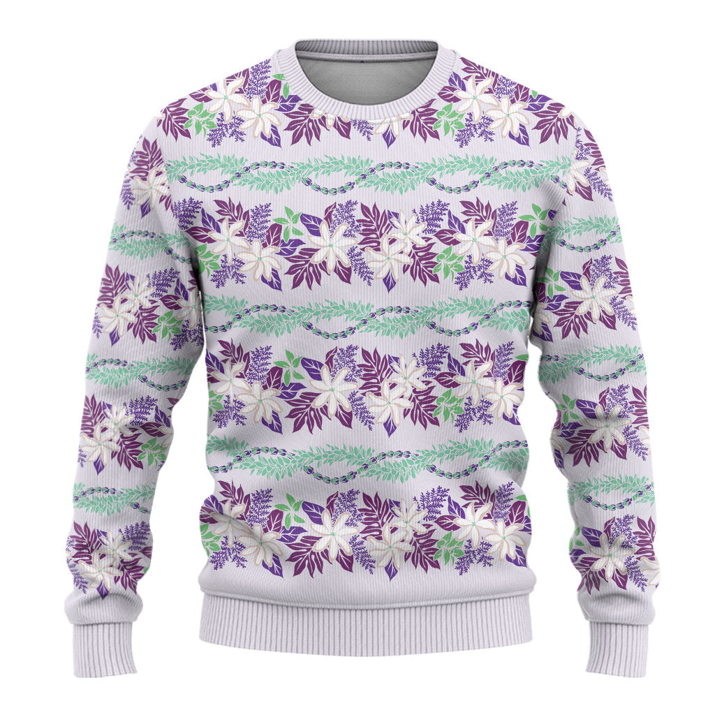 Monstera Tiare Plumeria Lei Pattern Ugly Christmas Sweater Purple Version