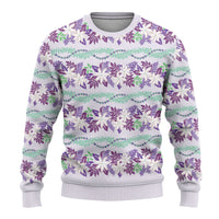 Monstera Tiare Plumeria Lei Pattern Ugly Christmas Sweater Purple Version
