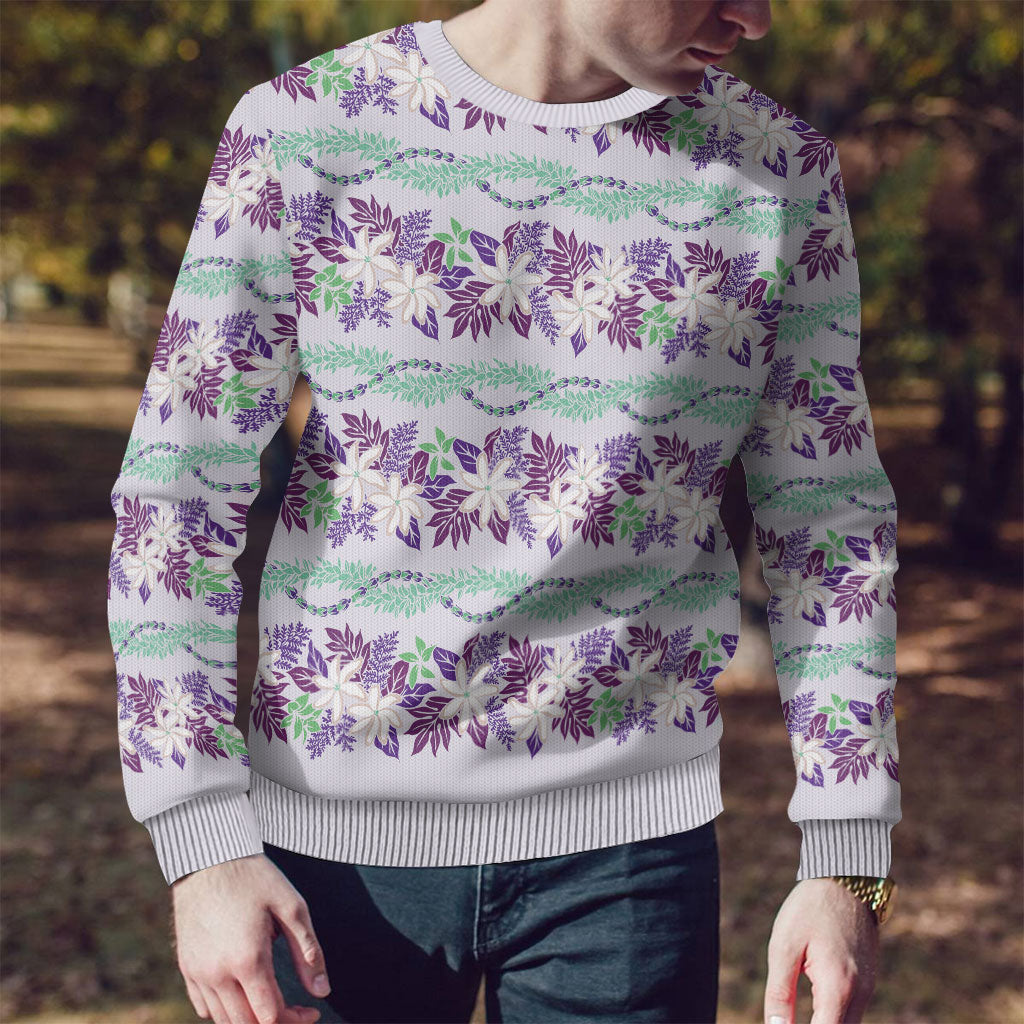 Monstera Tiare Plumeria Lei Pattern Ugly Christmas Sweater Purple Version