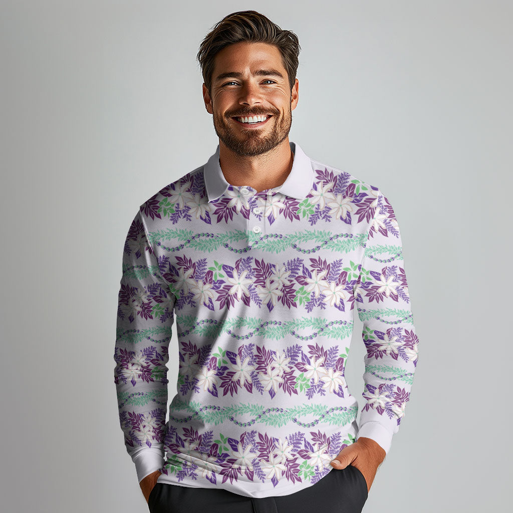 Monstera Tiare Plumeria Lei Pattern Long Sleeve Polo Shirt Purple Version LT01 - Polynesian Pride