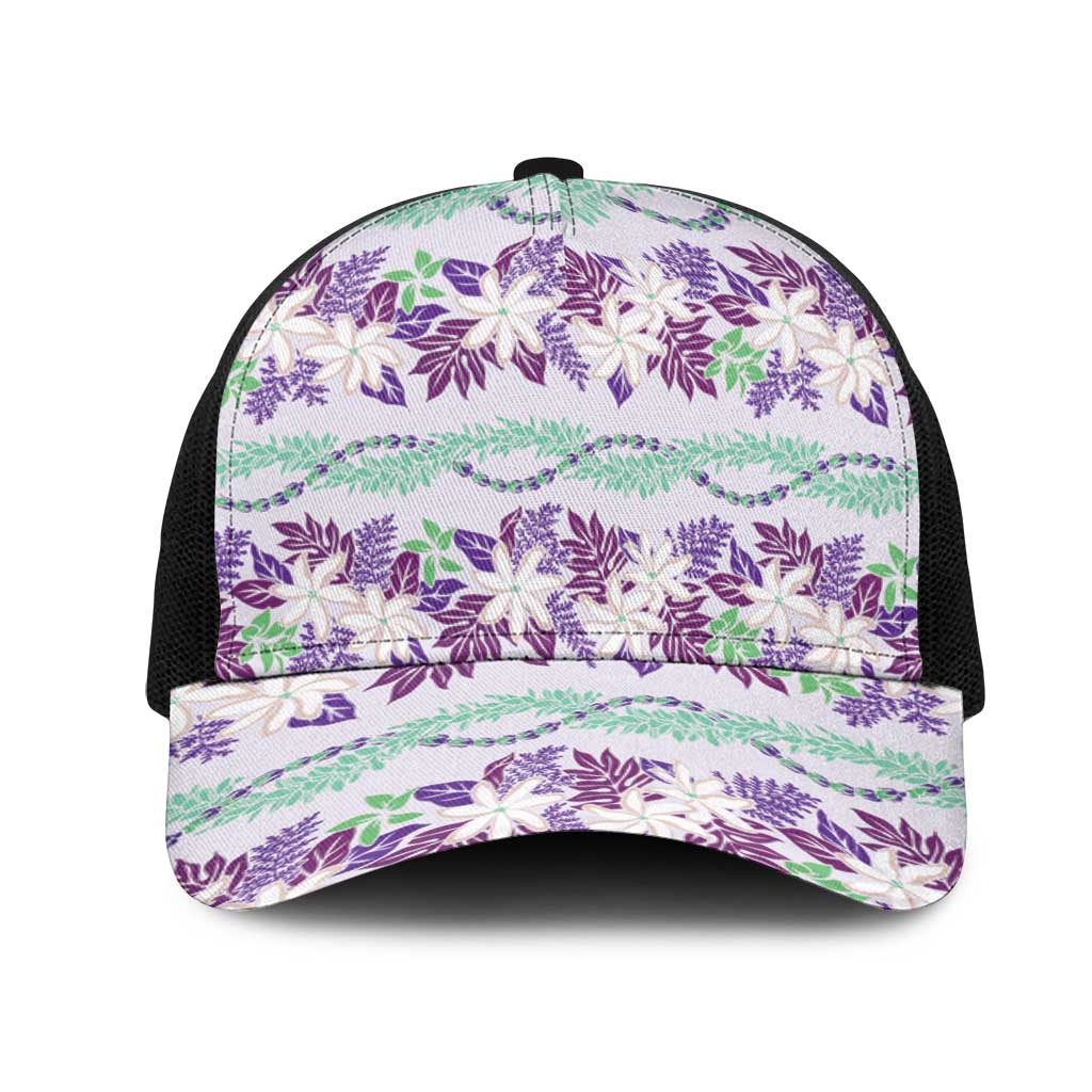 Monstera Tiare Plumeria Lei Pattern Mesh Trucker Cap Purple Version