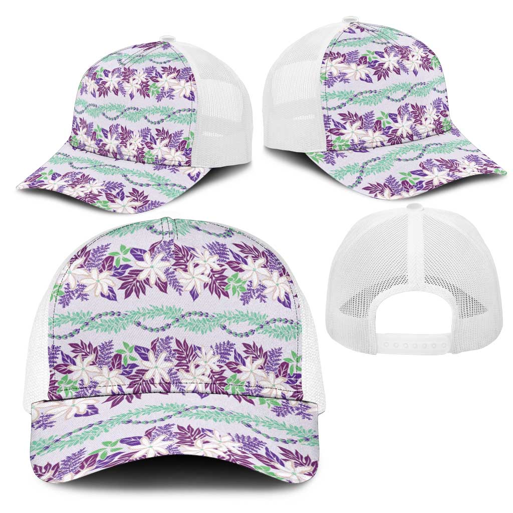 Monstera Tiare Plumeria Lei Pattern Mesh Trucker Cap Purple Version