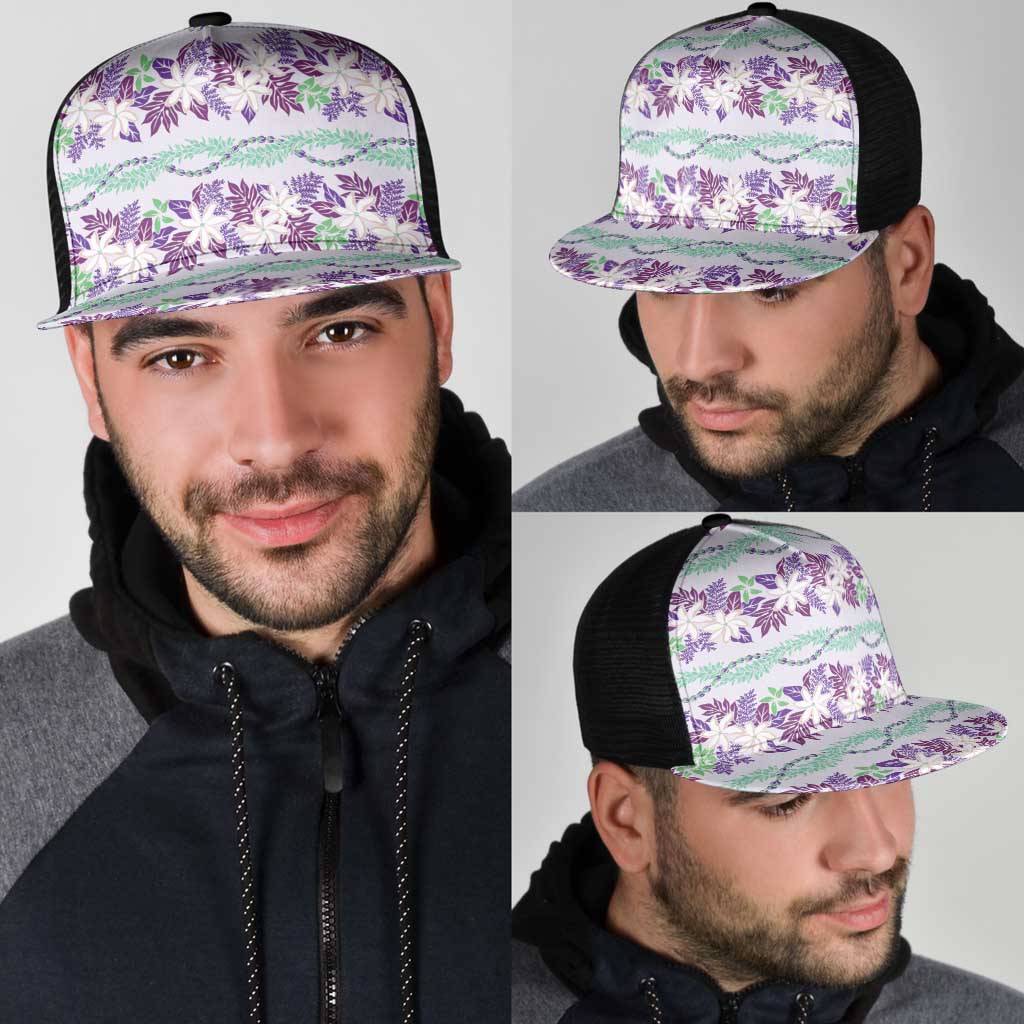 Monstera Tiare Plumeria Lei Pattern Mesh Trucker Cap Purple Version