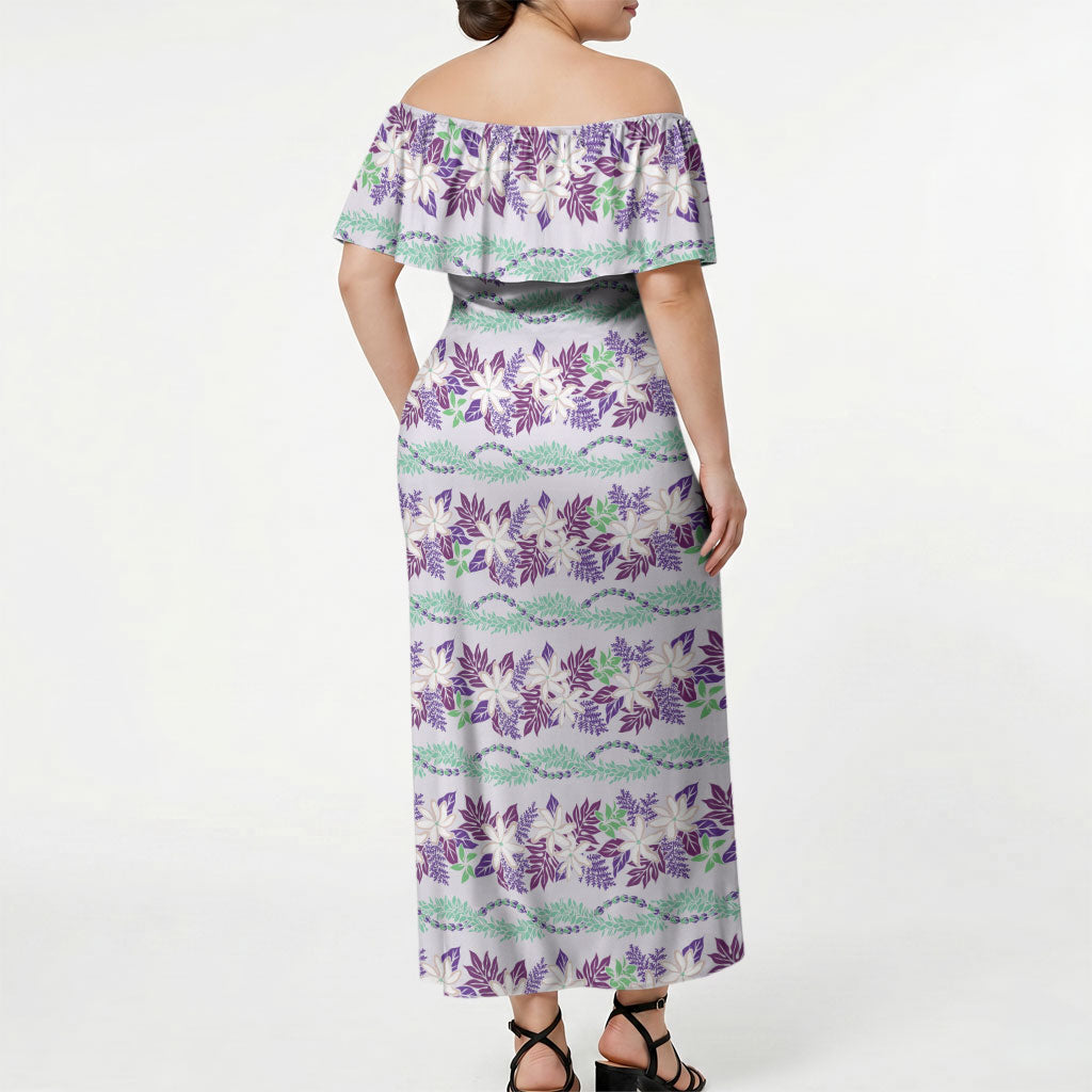 Monstera Tiare Plumeria Lei Pattern Off Shoulder Maxi Dress Purple Version LT01 - Polynesian Pride