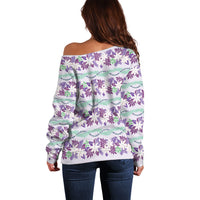 Monstera Tiare Plumeria Lei Pattern Off Shoulder Sweater Purple Version