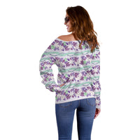 Monstera Tiare Plumeria Lei Pattern Off Shoulder Sweater Purple Version