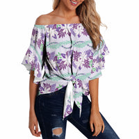 Monstera Tiare Plumeria Lei Pattern Off Shoulder Wrap Waist Top Purple Version