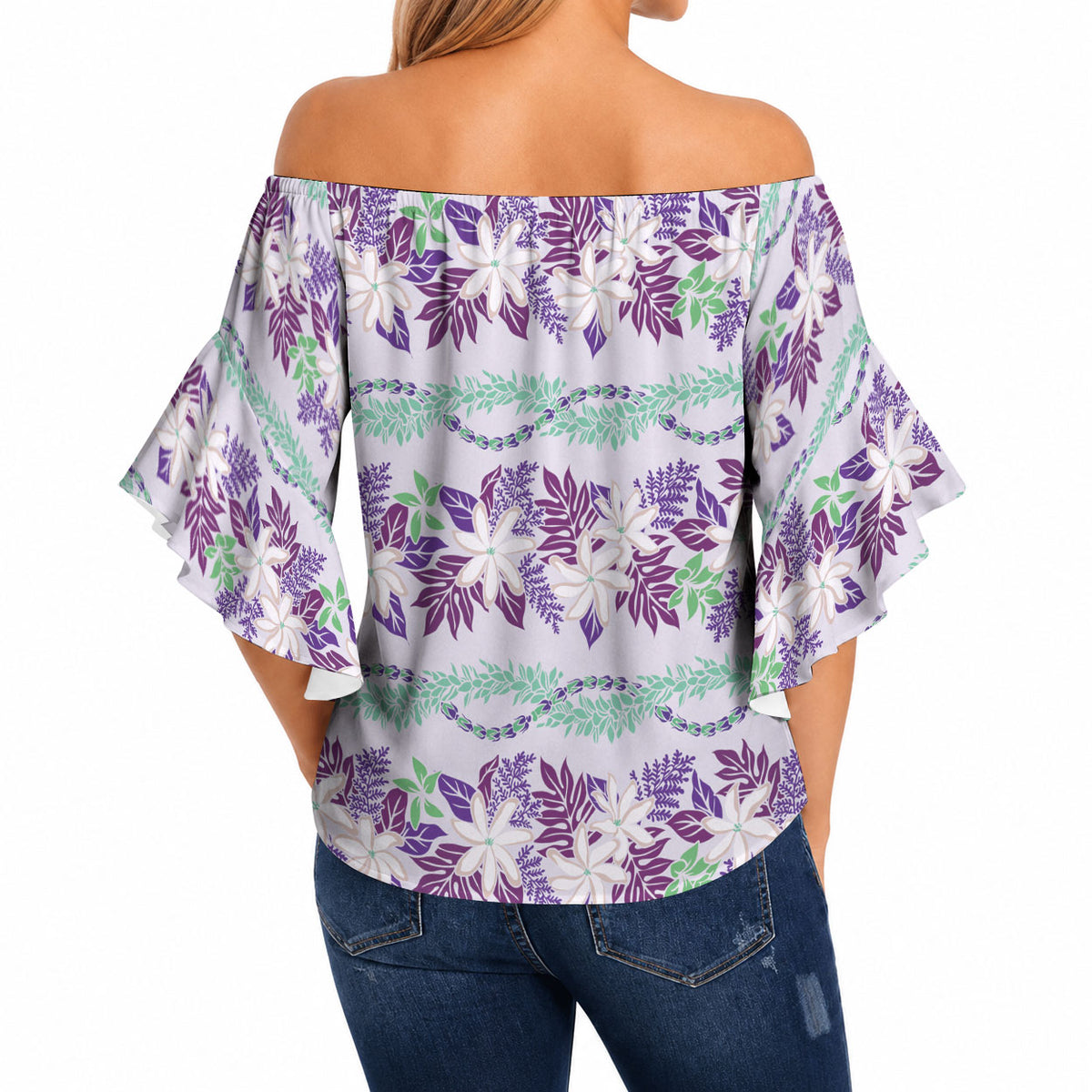 Monstera Tiare Plumeria Lei Pattern Off Shoulder Wrap Waist Top Purple Version