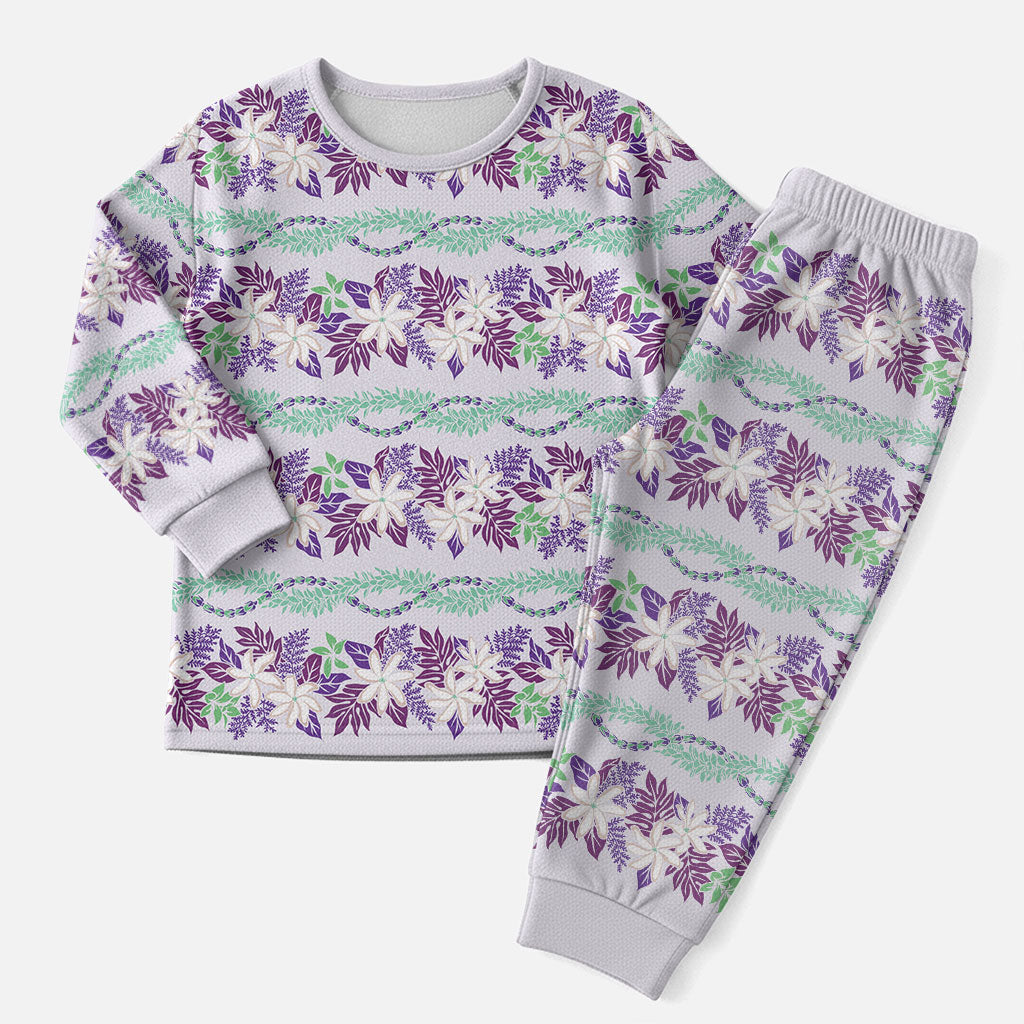 Monstera Tiare Plumeria Lei Pattern Christmas Pajama Set Purple Version