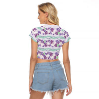 Monstera Tiare Plumeria Lei Pattern Raglan Cropped T Shirt Purple Version LT01 - Polynesian Pride