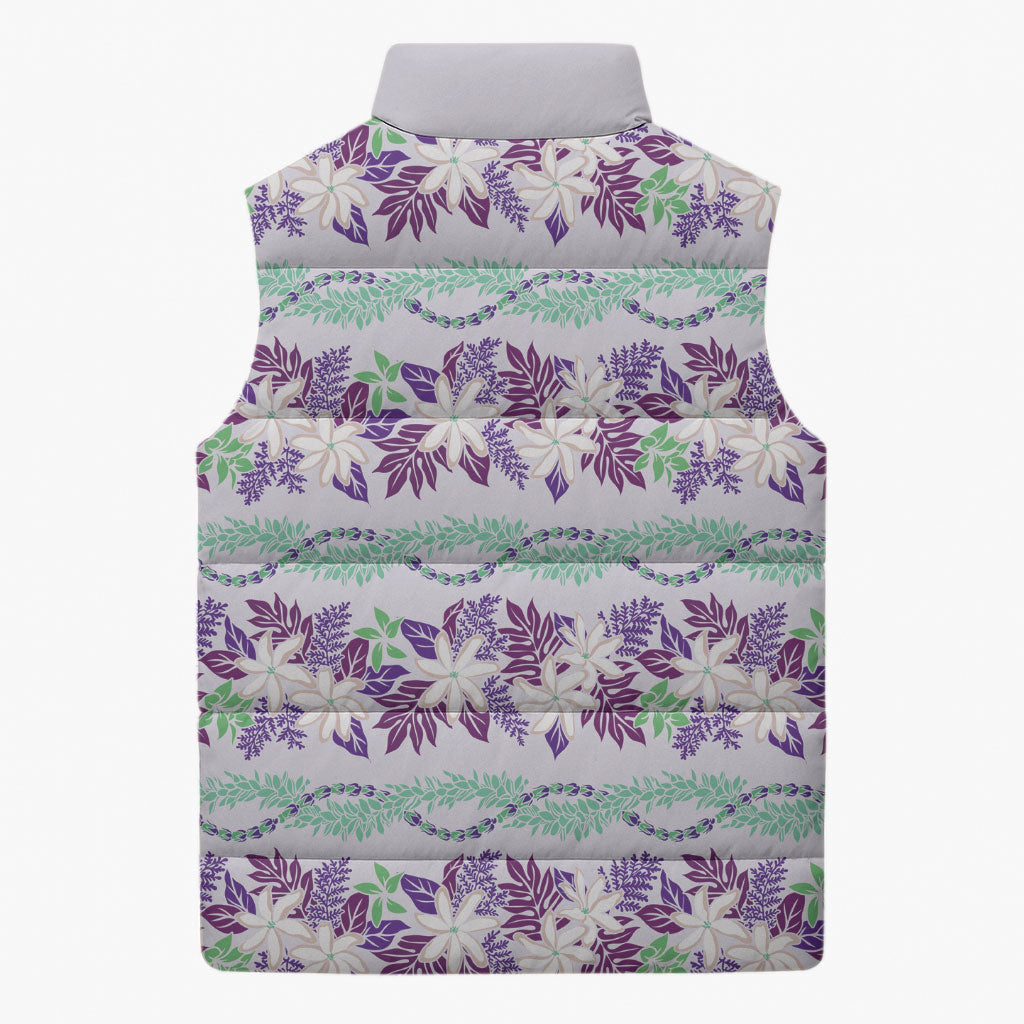 Monstera Tiare Plumeria Lei Pattern Sleeveless Puffer Jacket Purple Version LT01 - Polynesian Pride