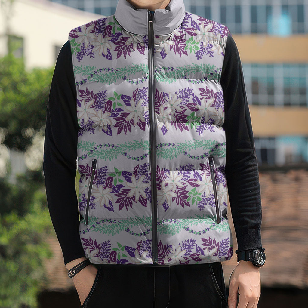 Monstera Tiare Plumeria Lei Pattern Sleeveless Puffer Jacket Purple Version LT01 - Polynesian Pride