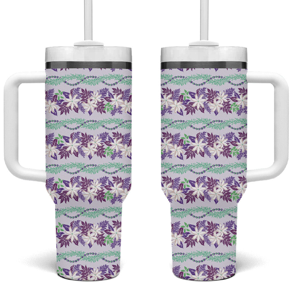 Monstera Tiare Plumeria Lei Pattern Tumbler With Handle Purple Version LT01 One Size: 40 oz Purple - Polynesian Pride