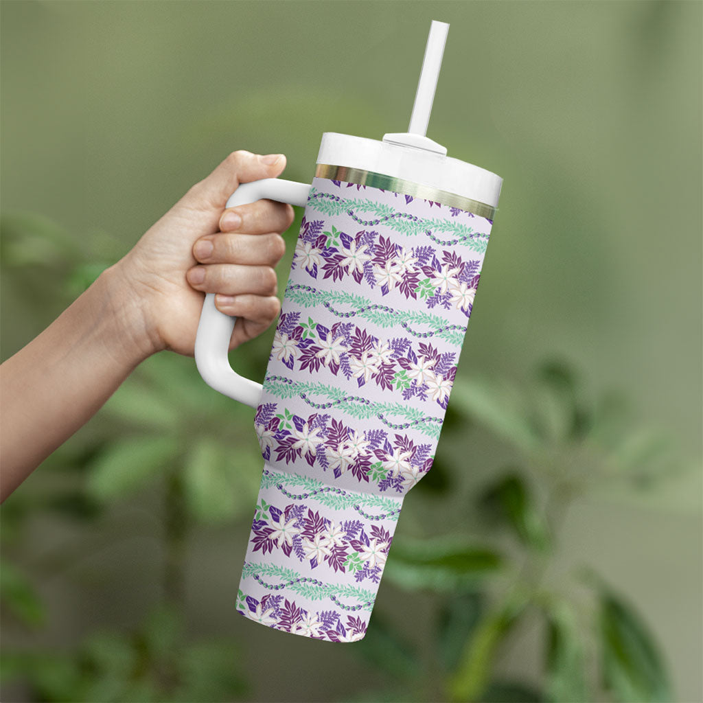 Monstera Tiare Plumeria Lei Pattern Tumbler With Handle Purple Version LT01 - Polynesian Pride