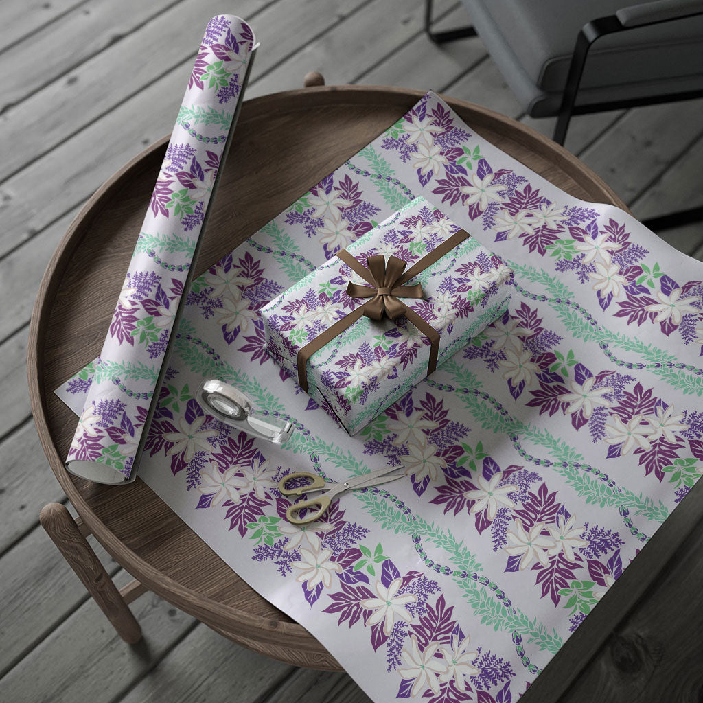 Monstera Tiare Plumeria Lei Pattern Wrapping Paper Purple Version LT01 - Polynesian Pride