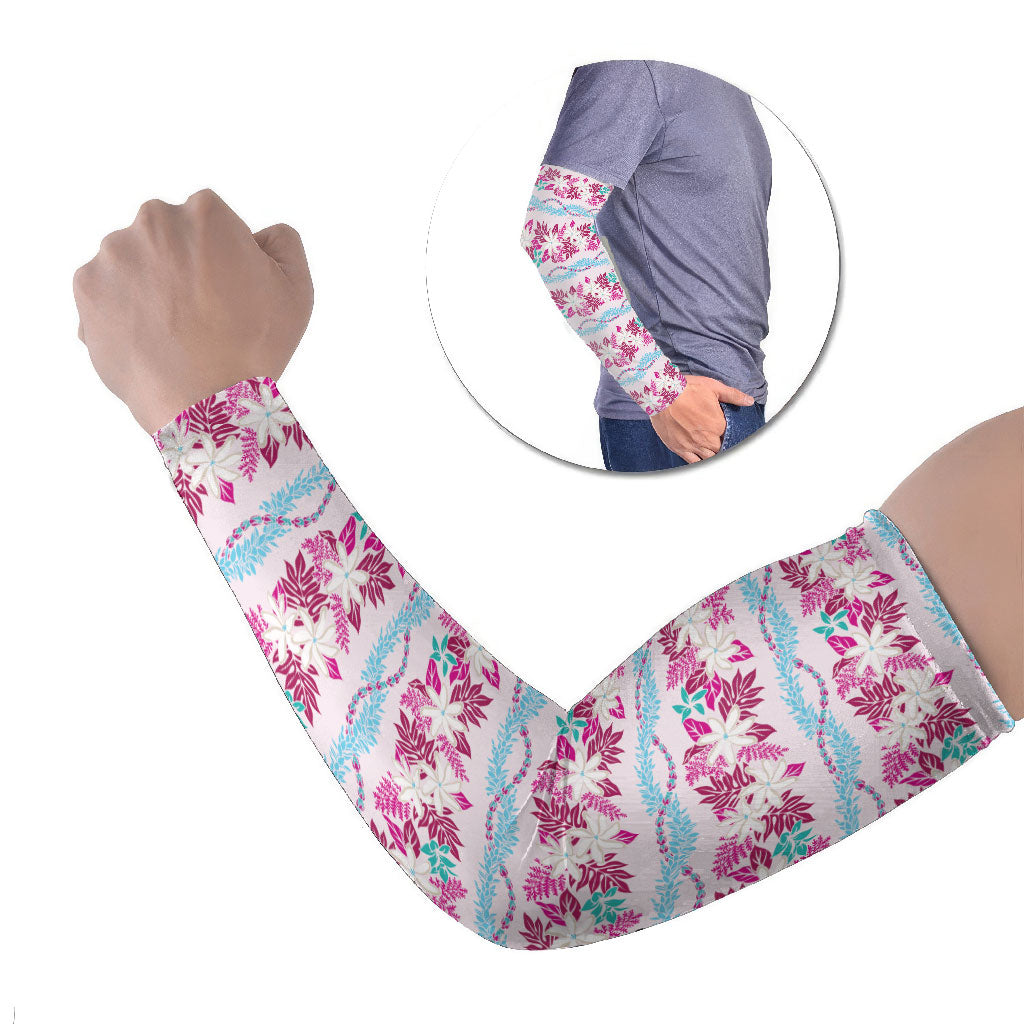 Monstera Tiare Plumeria Lei Pattern Arm Sleeves Pink Version LT01 Set of 2 Pink - Polynesian Pride
