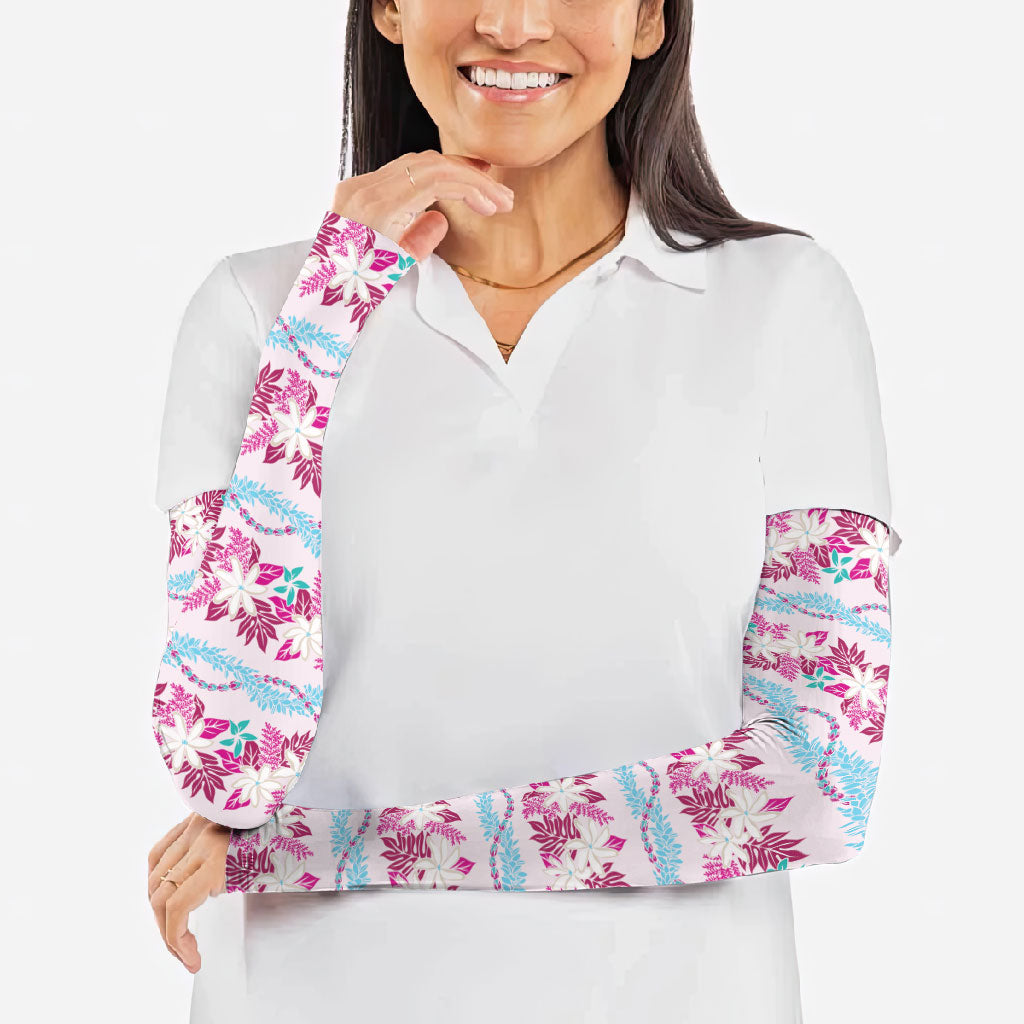 Monstera Tiare Plumeria Lei Pattern Arm Sleeves Pink Version LT01 - Polynesian Pride
