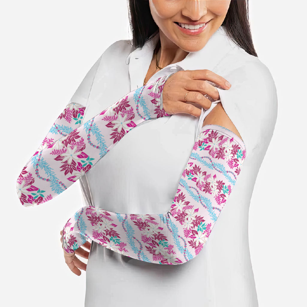 Monstera Tiare Plumeria Lei Pattern Arm Sleeves Pink Version LT01 - Polynesian Pride