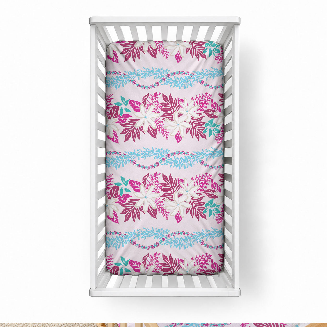 Monstera Tiare Plumeria Lei Pattern Baby Bed Cover Pink Version