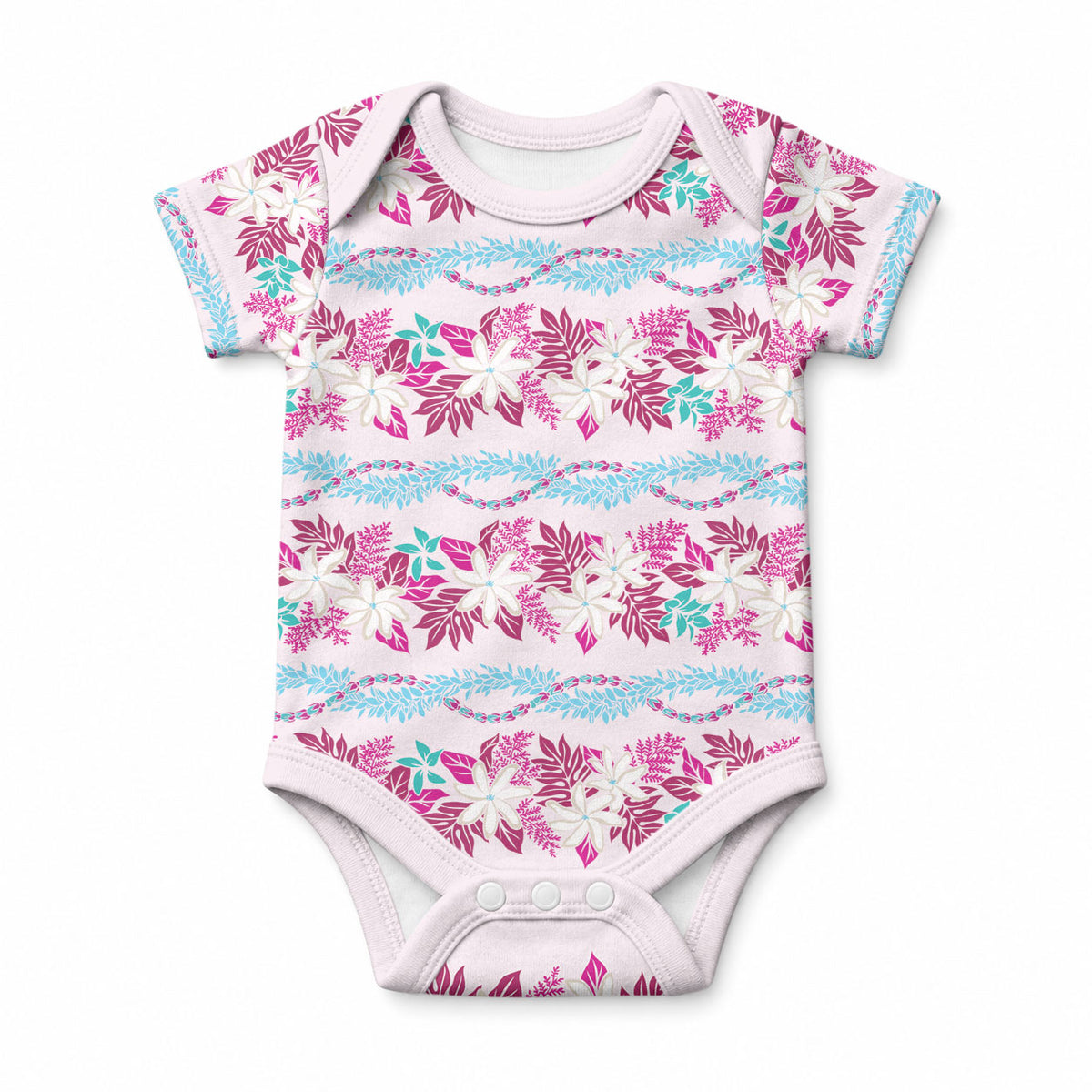 Monstera Tiare Plumeria Lei Pattern Baby Onesie Pink Version LT01 Pink - Polynesian Pride