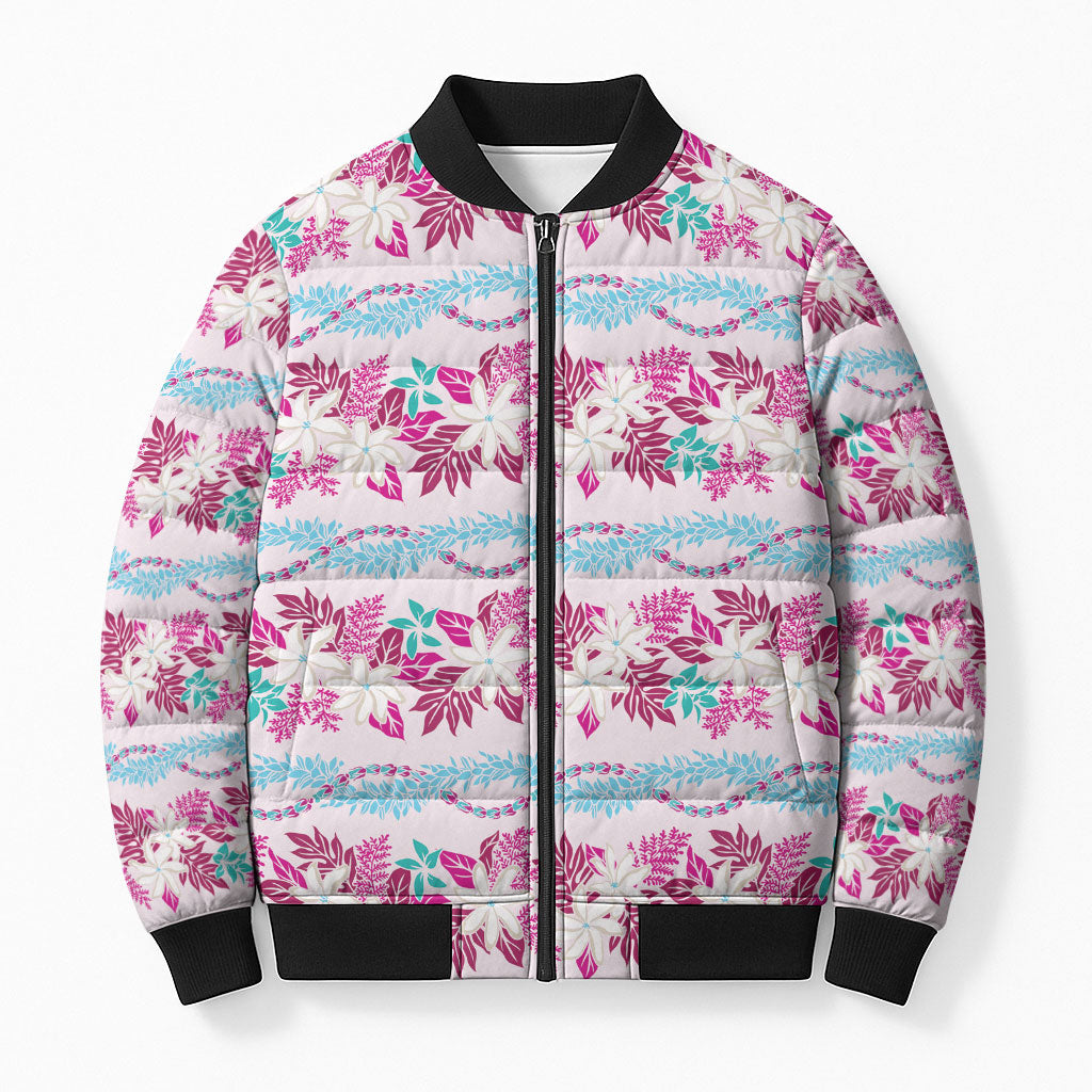 Monstera Tiare Plumeria Lei Pattern Bomber Puffer Jacket Pink Version