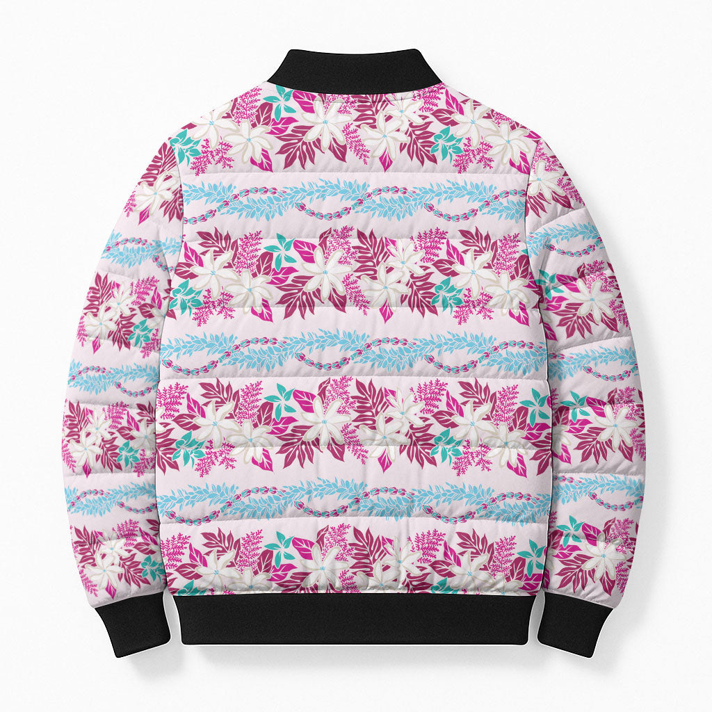Monstera Tiare Plumeria Lei Pattern Bomber Puffer Jacket Pink Version