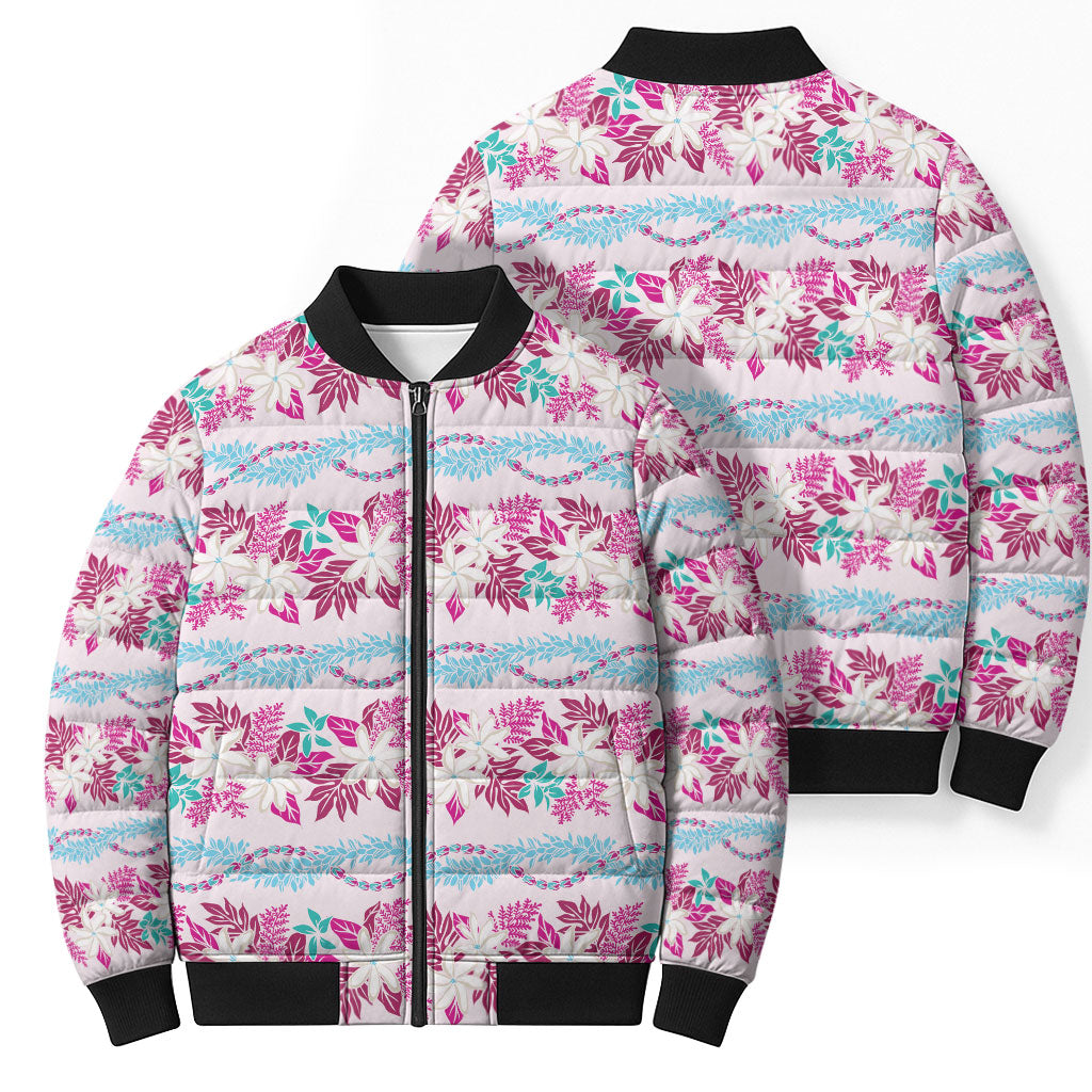 Monstera Tiare Plumeria Lei Pattern Bomber Puffer Jacket Pink Version