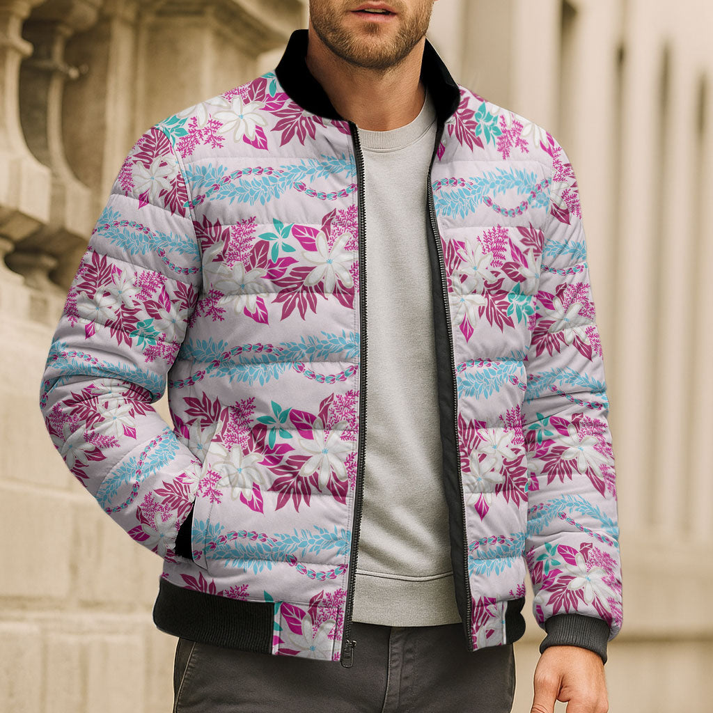 Monstera Tiare Plumeria Lei Pattern Bomber Puffer Jacket Pink Version