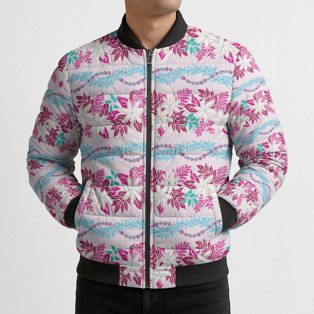 Monstera Tiare Plumeria Lei Pattern Bomber Puffer Jacket Pink Version