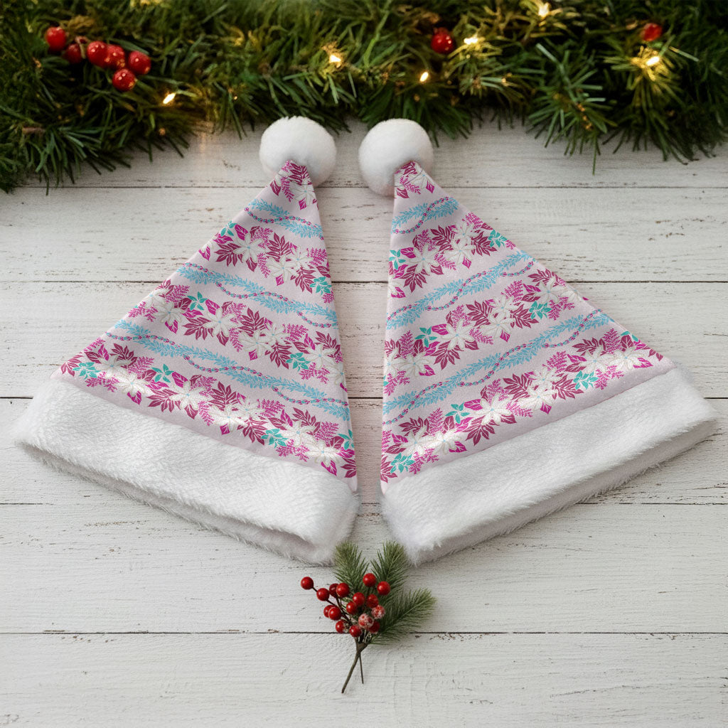 Monstera Tiare Plumeria Lei Pattern Christmas Santa Hat Pink Version