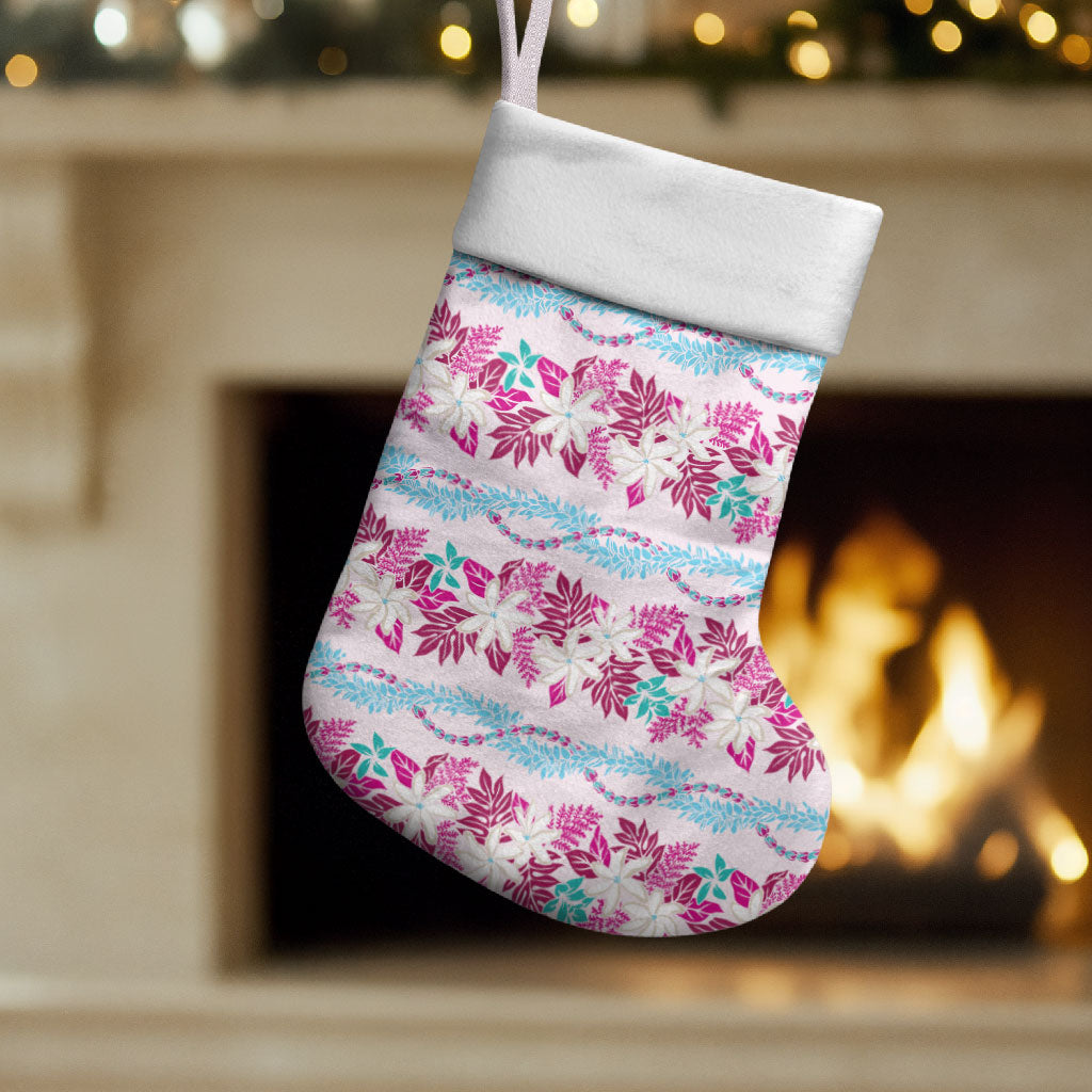 Monstera Tiare Plumeria Lei Pattern Christmas Stocking Pink Version