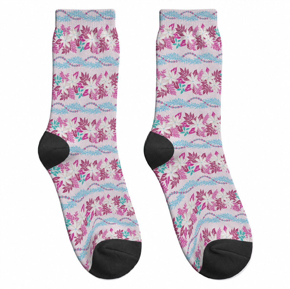 Monstera Tiare Plumeria Lei Pattern Crew Socks Pink Version LT01 - Polynesian Pride