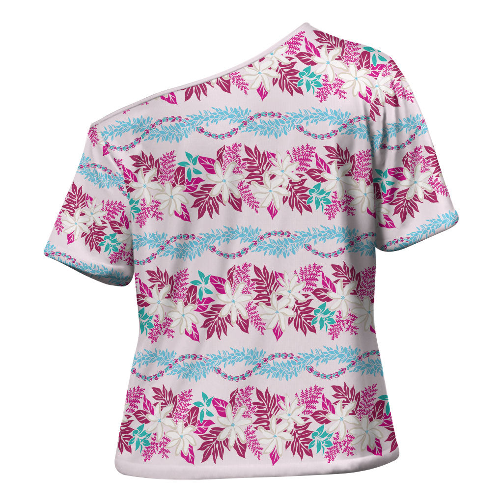 Monstera Tiare Plumeria Lei Pattern Cross Shoulder Shirt Pink Version LT01 - Polynesian Pride