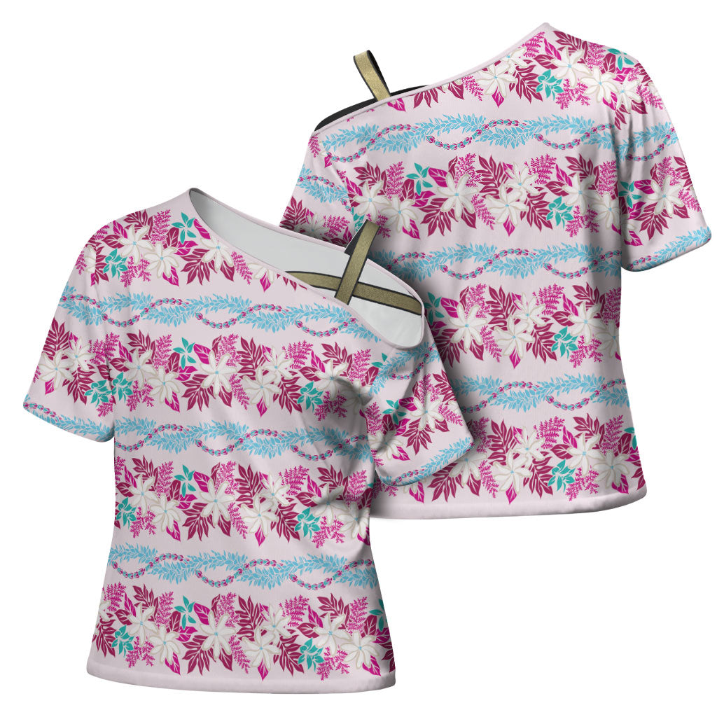 Monstera Tiare Plumeria Lei Pattern Cross Shoulder Shirt Pink Version LT01 - Polynesian Pride