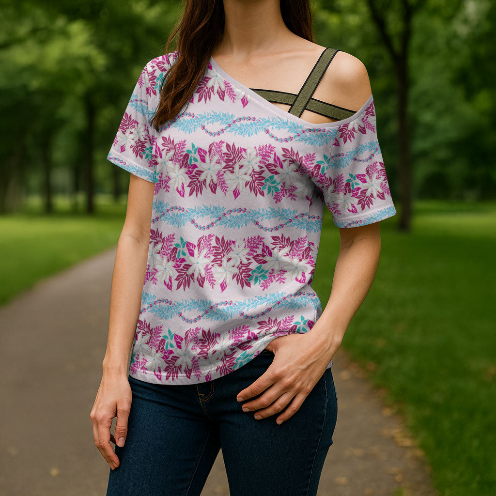Monstera Tiare Plumeria Lei Pattern Cross Shoulder Shirt Pink Version LT01 - Polynesian Pride