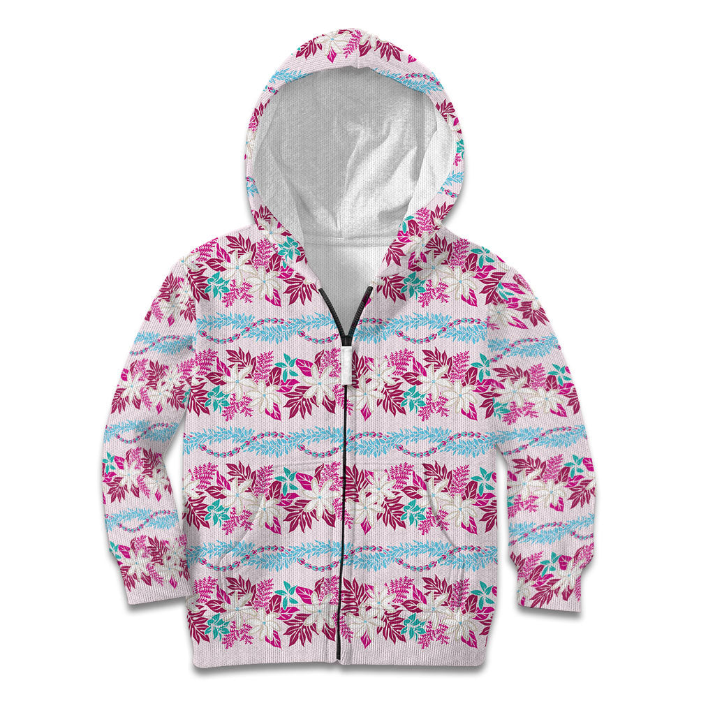 Monstera Tiare Plumeria Lei Pattern Kid Hoodie Pink Version LT01 Zip Hoodie Pink - Polynesian Pride