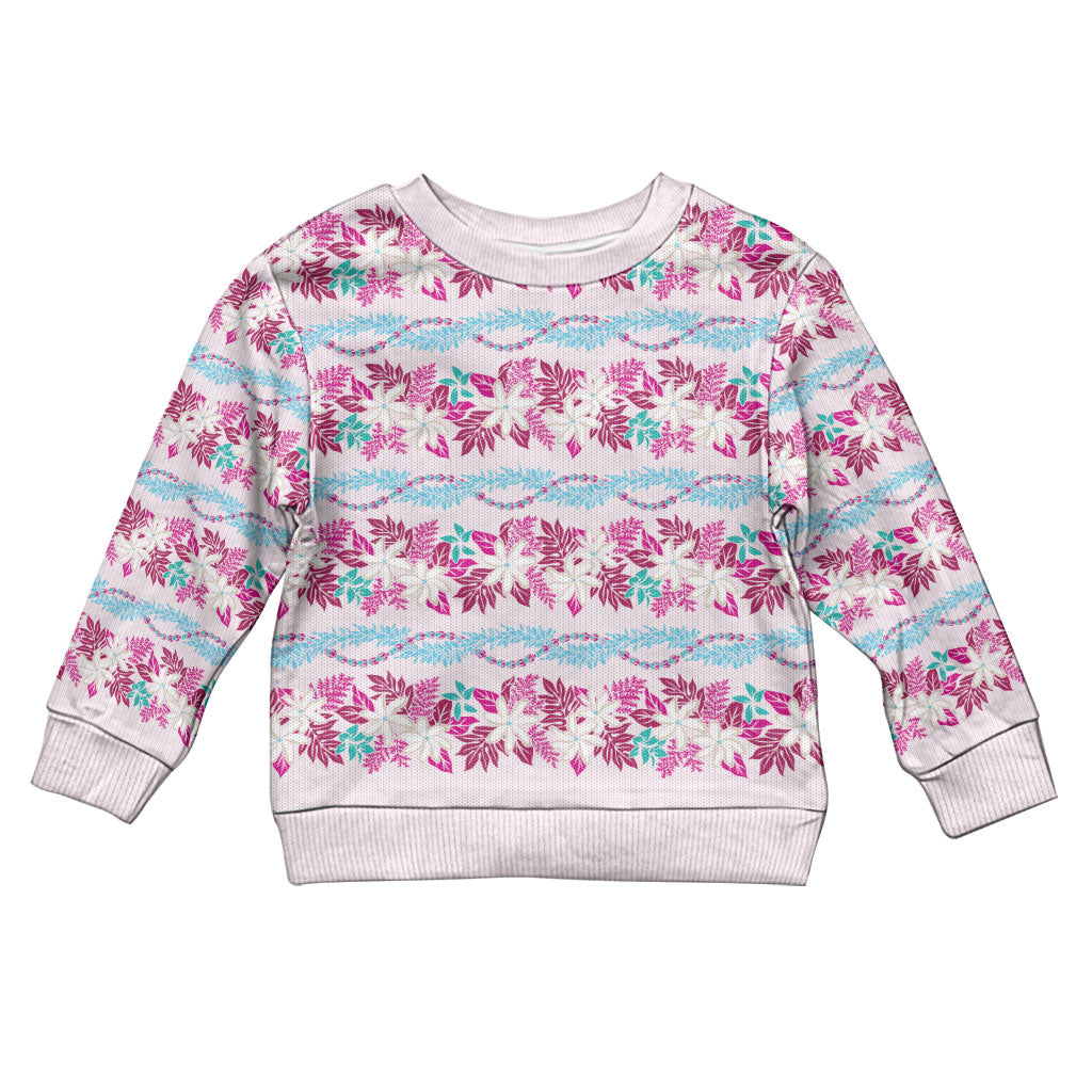 Monstera Tiare Plumeria Lei Pattern Kid Ugly Christmas Sweater Pink Version LT01 Kid Pink - Polynesian Pride