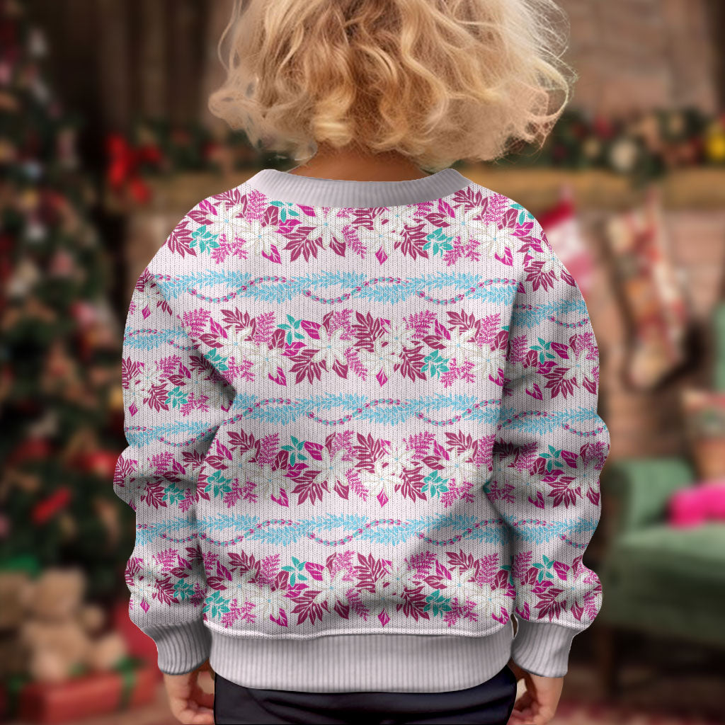 Monstera Tiare Plumeria Lei Pattern Kid Ugly Christmas Sweater Pink Version LT01 - Polynesian Pride