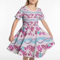 Monstera Tiare Plumeria Lei Pattern Kid Short Sleeve Dress Pink Version