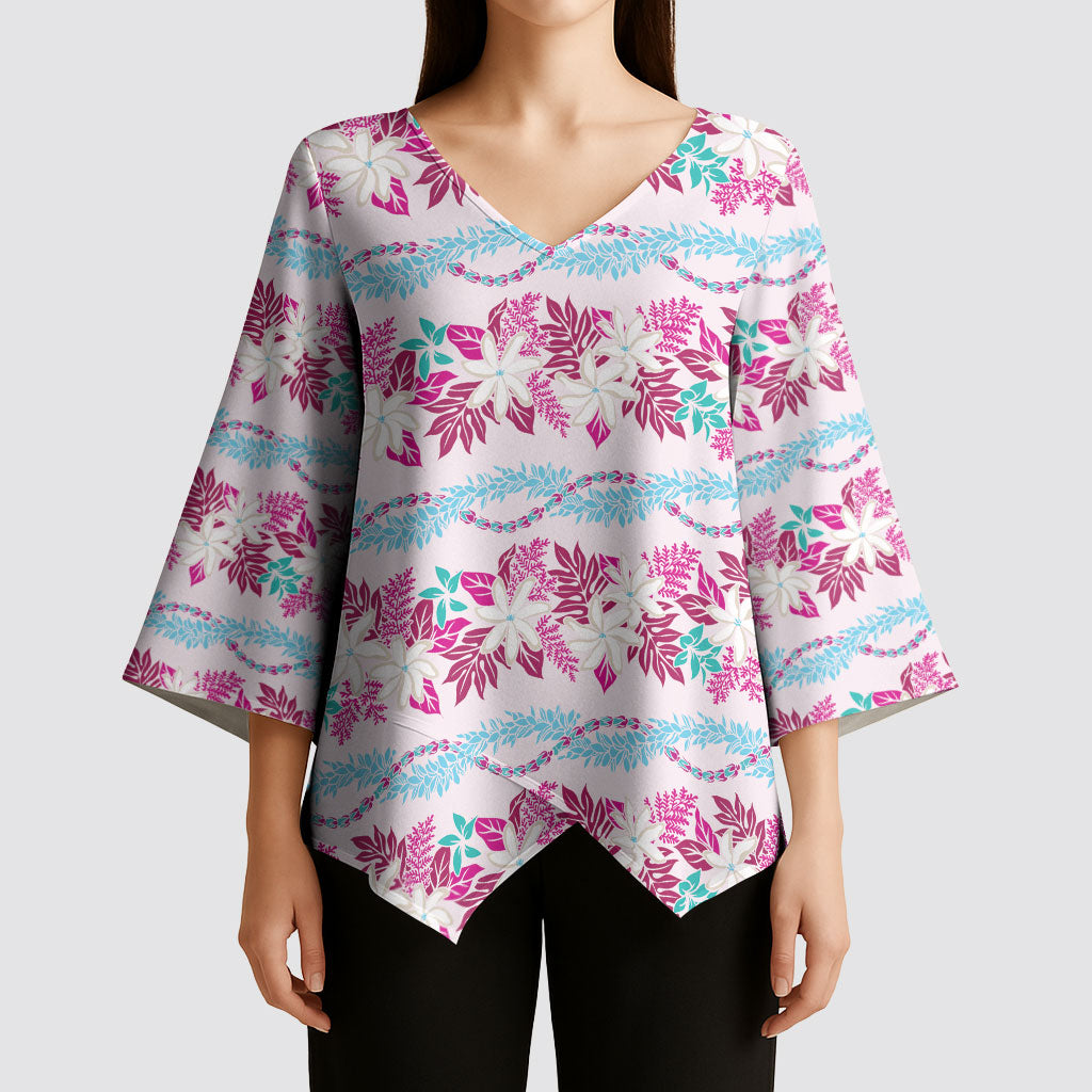 Monstera Tiare Plumeria Lei Pattern Kimono Sleeve Blouse Pink Version LT01 - Polynesian Pride
