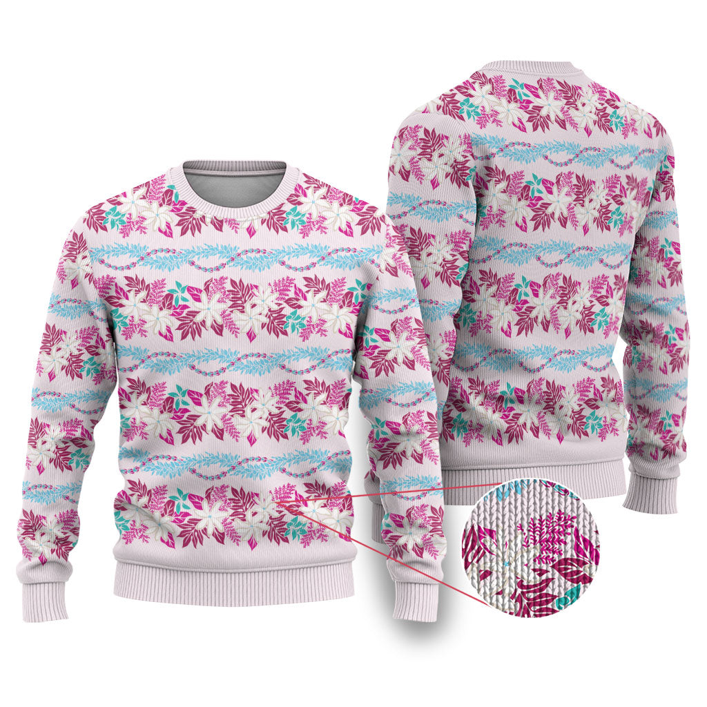 Monstera Tiare Plumeria Lei Pattern Ugly Christmas Sweater Pink Version