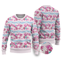 Monstera Tiare Plumeria Lei Pattern Ugly Christmas Sweater Pink Version