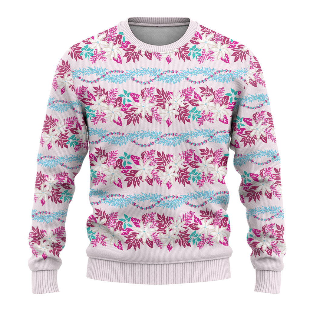 Monstera Tiare Plumeria Lei Pattern Ugly Christmas Sweater Pink Version
