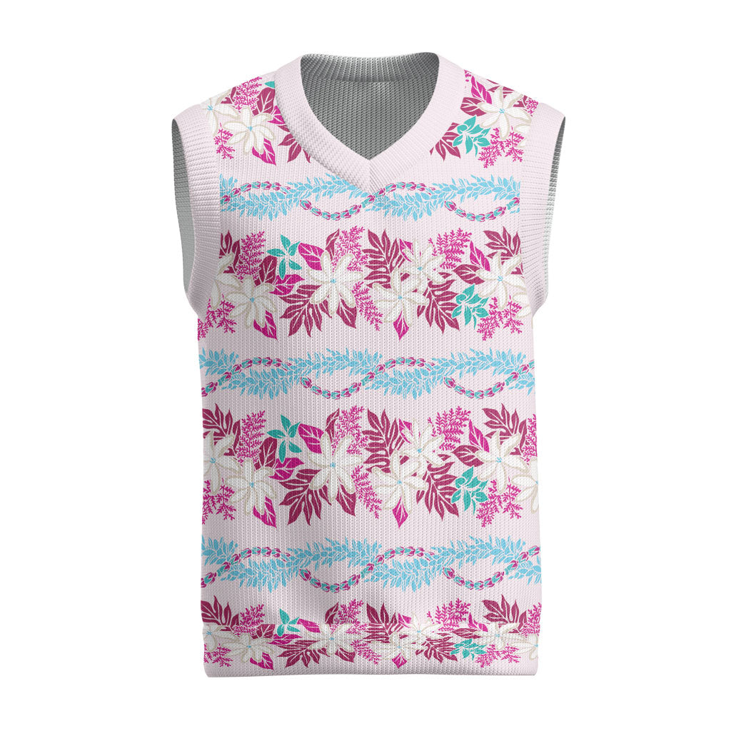 Monstera Tiare Plumeria Lei Pattern Christmas Knitted V-Neck Vest Pink Version LT01 Pink - Polynesian Pride