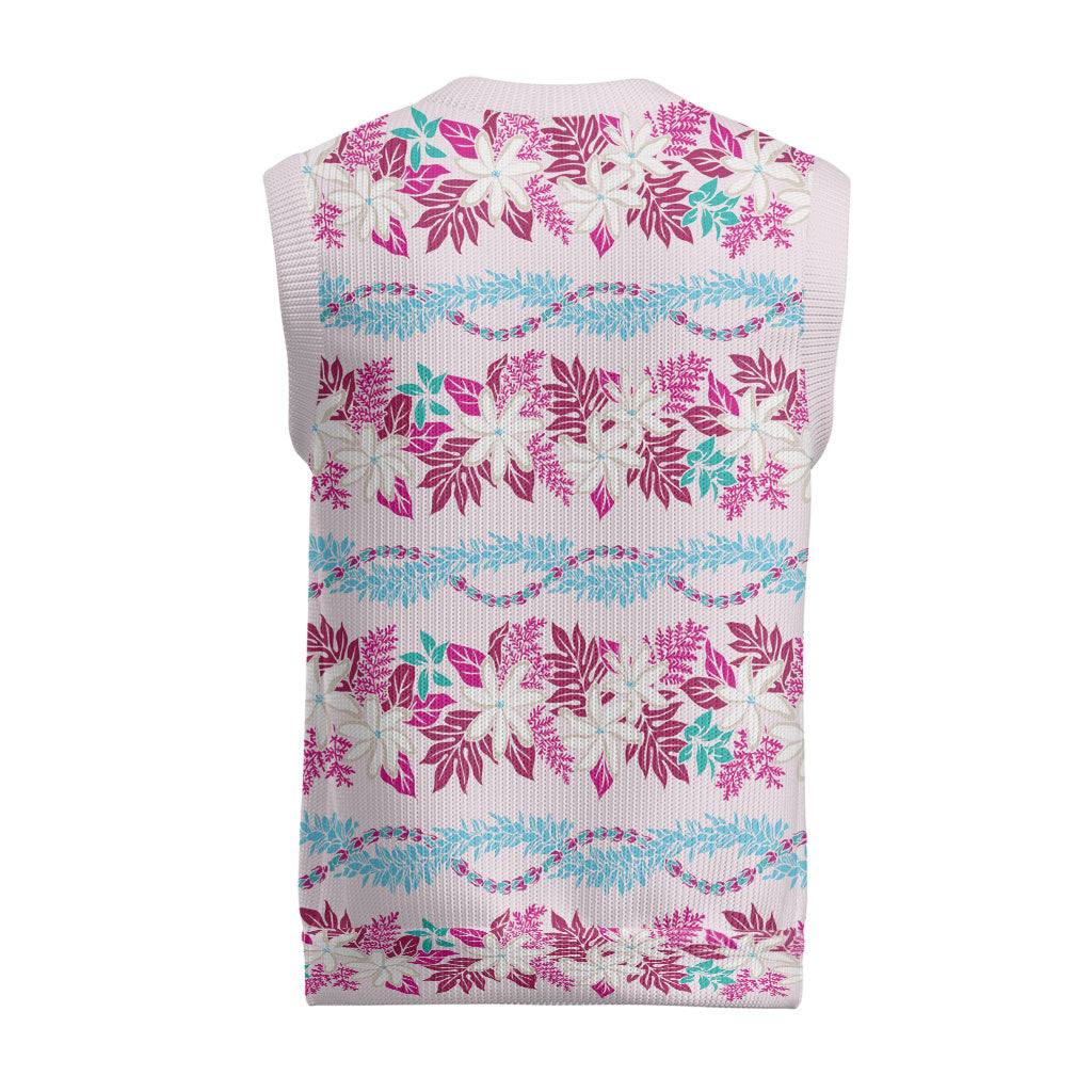 Monstera Tiare Plumeria Lei Pattern Christmas Knitted V-Neck Vest Pink Version