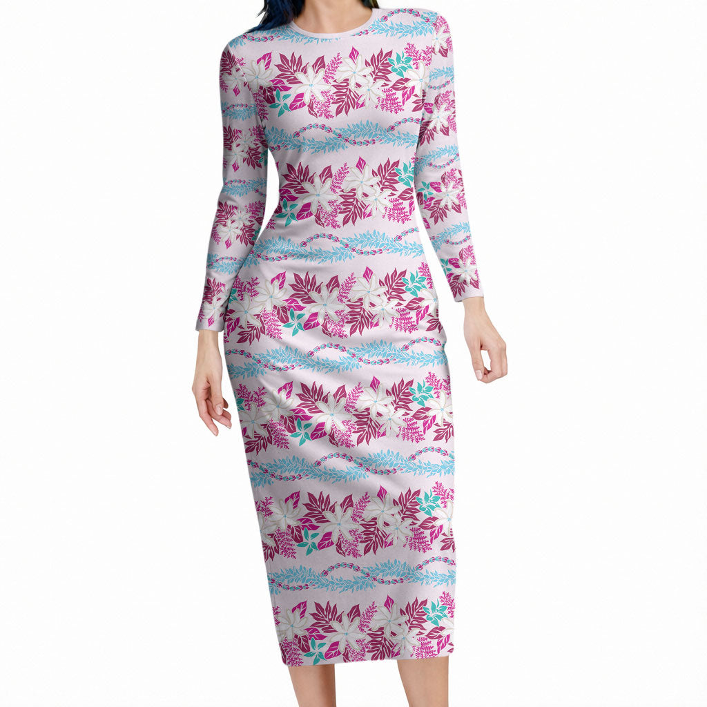 Monstera Tiare Plumeria Lei Pattern Long Sleeve Bodycon Dress Pink Version LT01 Long Dress Pink - Polynesian Pride
